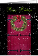 Happy Holidays with Holly Wreath on Red Door card