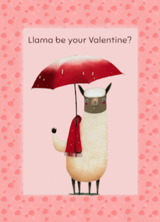 Llama Valentine with Red Umbrella and Red Scarf