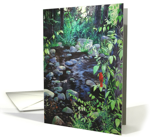 Landscape with a Cardinal Surrounded by Water and Leaves card