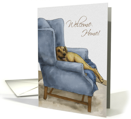 Welcome Home from the Dog Golden Sitting on Blue Upright Chair card