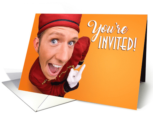 You're Invited with a Male Movie Usher on Orange Blank Inside card