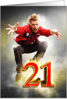 Birthday Age 21 Male Jumping with Light Dust and Energy card