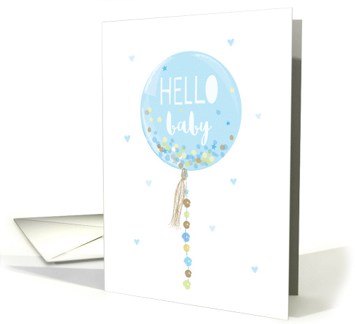 Hello Baby Boy Balloon Blue Hearts on White Blank Inside card