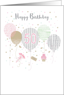 Happy Birthday age 50 Pink and Silver Balloons Confetti and Flowers card