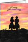 Happy Anniversary Couple on Horseback Riding into a Western Sunset card