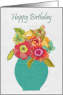 Happy Birthday Teal Vase of Colorful Flowers with Butterflies card