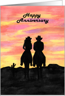 Happy Anniversary Couple on Horseback Riding into a Western Sunset card