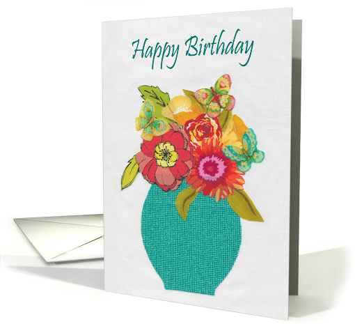 Happy Birthday Teal Vase of Colorful Flowers with Butterflies card