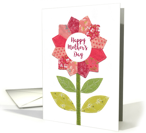 Happy Mother's Day Stitched Fabric Flower with Leaves and Stems card