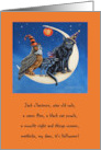 Halloween Greeting of a Black Cat Owl and Raven on a Crescent Moon card