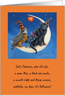 Halloween Greeting of a Black Cat Owl and Raven on a Crescent Moon card