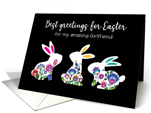 For Girlfriend Easter Greetings with Three Folk Bunnies Custom card