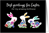 For Girlfriend Easter Greetings with Three Folk Bunnies Custom card