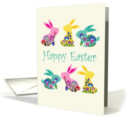 Easter Greetings with Six Cute Pastel Folk Bunnies card (1673282)