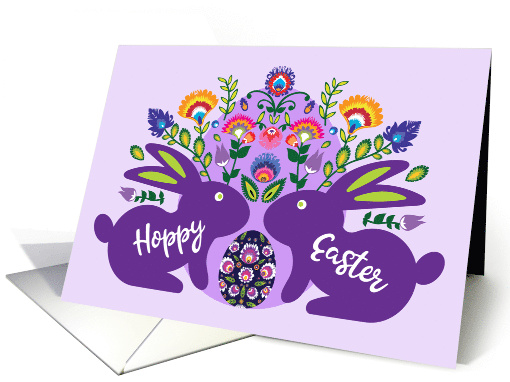 Hoppy Easter with Two Bunnies With Folklore Touch Purple card
