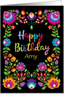 Happy Birthday with Folklore Flowers on Black Custom card