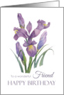 For Friend on Birthday Purple Irises Watercolor Floral Painting card