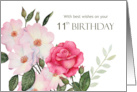 11th Birthday Wishes Watercolor Pink Roses Illustration card