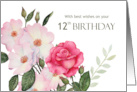 12th Birthday Wishes Watercolor Pink Roses Illustration card