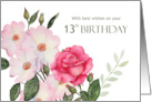 13th Birthday Wishes Watercolor Pink Roses Illustration card