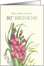 80th Birthday Wishes Watercolor Peachy Gladioli Flower Illustration card