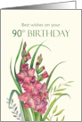 90th Birthday Wishes Watercolor Peachy Gladioli Flower Illustration card