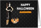 For Alexandra on Halloween Custom Lady Witch with Broom and Pumpkin card