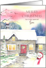 For Son on Christmas Snowy Cottage Watercolor Painting card