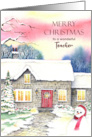 For Teacher on Christmas Snowy Cottage Watercolor Painting card