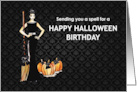 General Happy Halloween Birthday Lady Witch with Broom and Pumpkin card