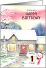 For 1st Birthday Snowman Snowy Cottage Watercolor Painting card