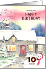 For 10th Birthday Snowman Snowy Cottage Watercolor Winter Painting card