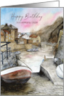 For Cousin on Birthday Staithes England Coast Watercolor Painting card