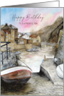 For Him on Birthday Staithes England Landscape Watercolor Painting card