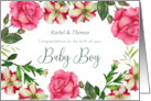 For Rachel and Thomas on New Baby Boy Custom Petunia Rose Wreath card