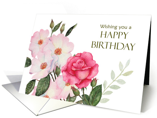 General Happy Birthday Watercolor Pink Roses Floral Illustration card