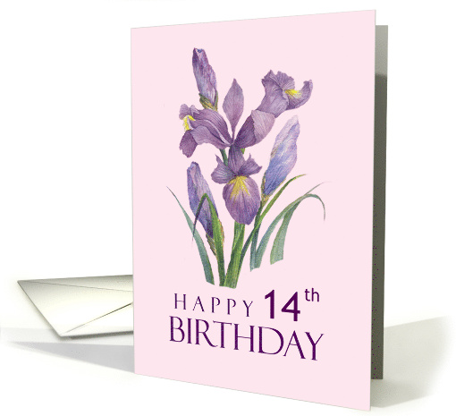 Happy 14th Birthday Purple Irises Watercolor Floral Illustration card