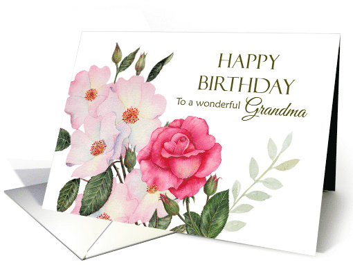 For Grandma on Birthday Watercolor Pink Roses Floral Illustration card
