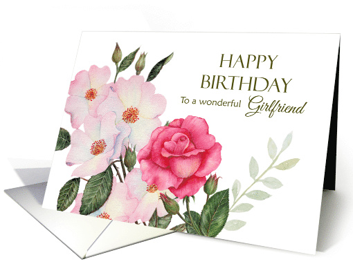 For Girlfriend on Birthday Watercolor Pink Roses Floral... (1724498)