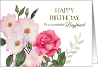 For Boyfriend on Birthday Watercolor Pink Roses Floral Illustration card