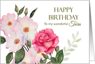 For My Twin on Birthday Watercolor Pink Roses Illustration card