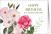 For Step Mom on Birthday Watercolor Pink Roses Illustration card