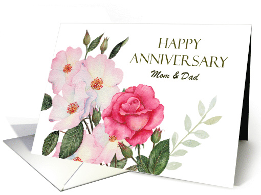 For Mom and Dad on Wedding Anniversary Watercolor Pink Roses card