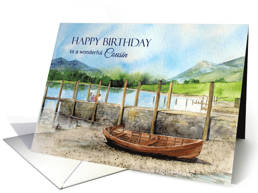 For Cousin on Birthday Watercolor Derwentwater Lake England card
