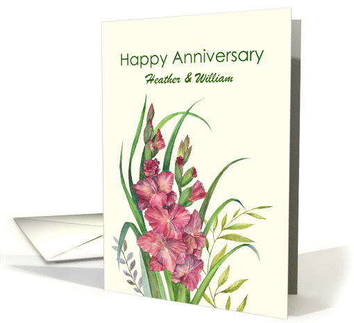Customize Any Name Happy Anniversary Watercolor Gladioli Painting card