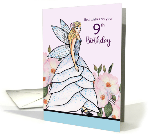 9th Birthday Wishes Fairy Princess Pen Watercolor Illustration card