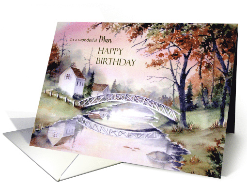 For Him on Birthday Arched Bridge Landscape Watercolor Painting card
