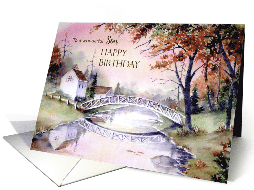 For Son on Birthday Arched Bridge Landscape Watercolor Painting card