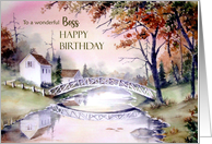 For Boss on Birthday Arched Bridge Landscape Watercolor Painting card