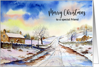 For Friend on Christmas Winterly Lane Watercolor Painting card
